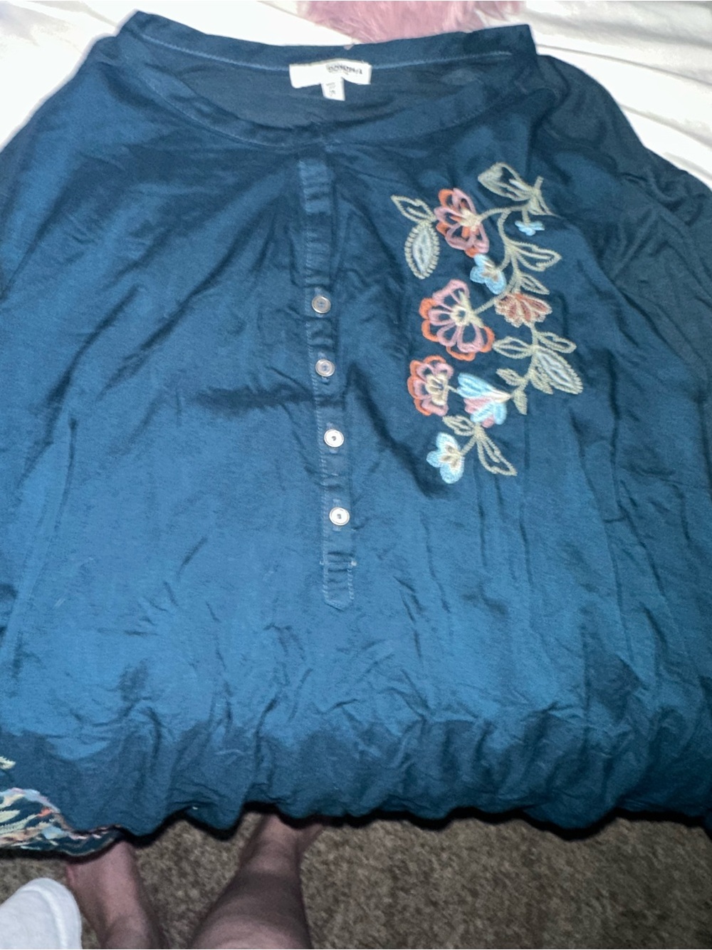 Bundle** Embroidered Floral Henley Top in Teal Blue